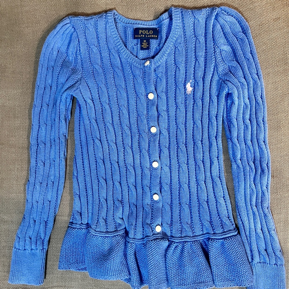 Kids Polo Sky Blue Knit Peplum Cardigan Sz 6X